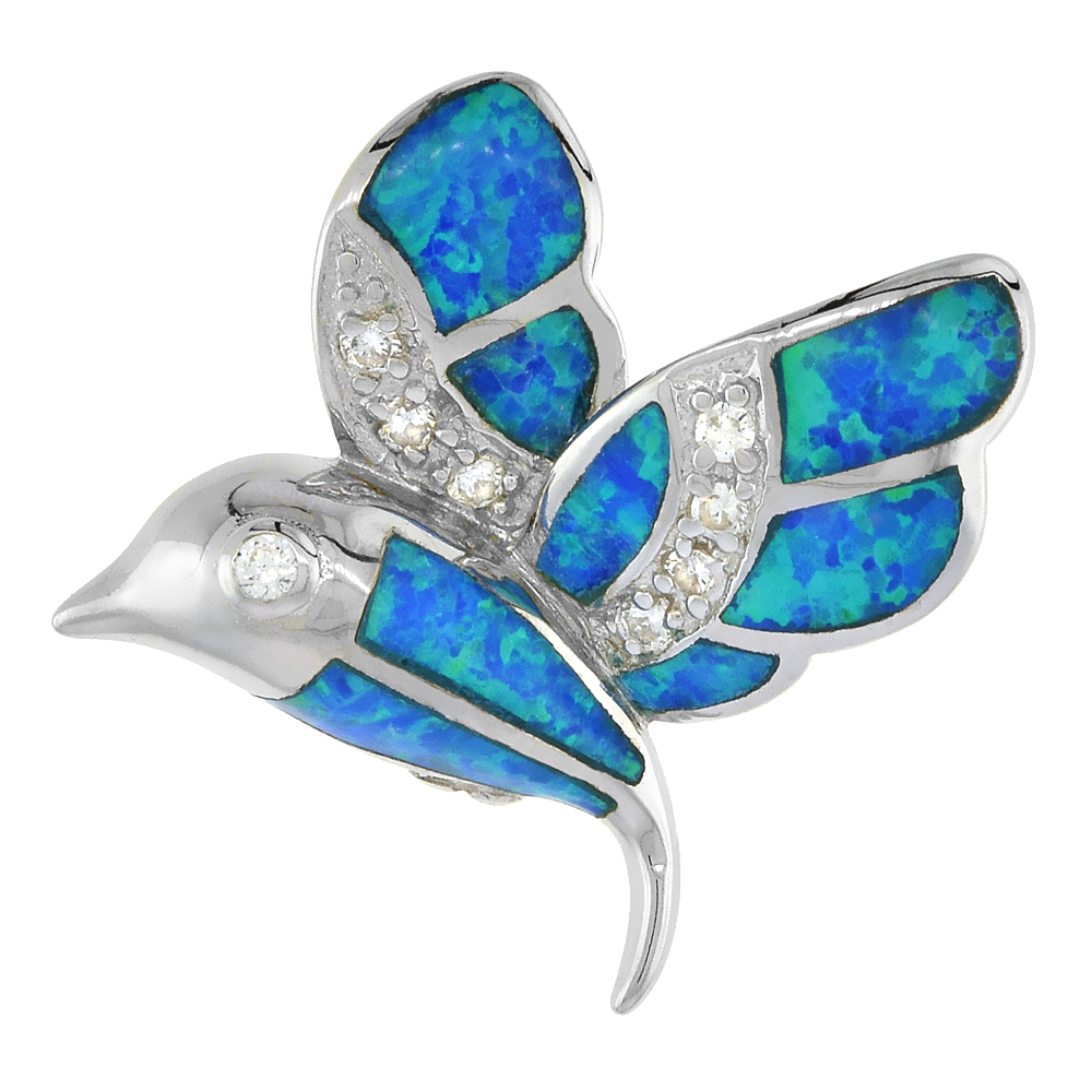 Sterling Silver Synthetic Opal Hummingbird Pendant for Women Hand Inlay &amp; CZ stones 1 inch
