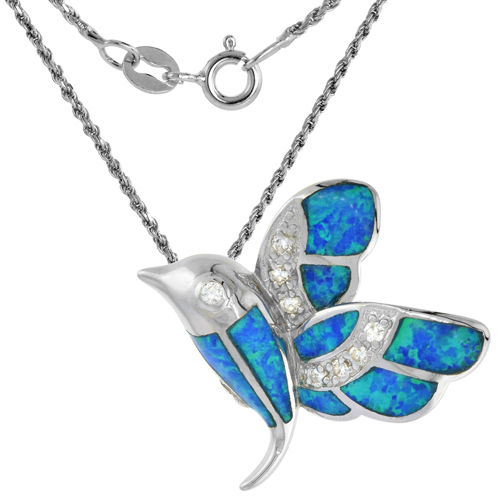Sterling Silver Synthetic Opal Hummingbird Necklace for Women with CZ Stones 1 inch