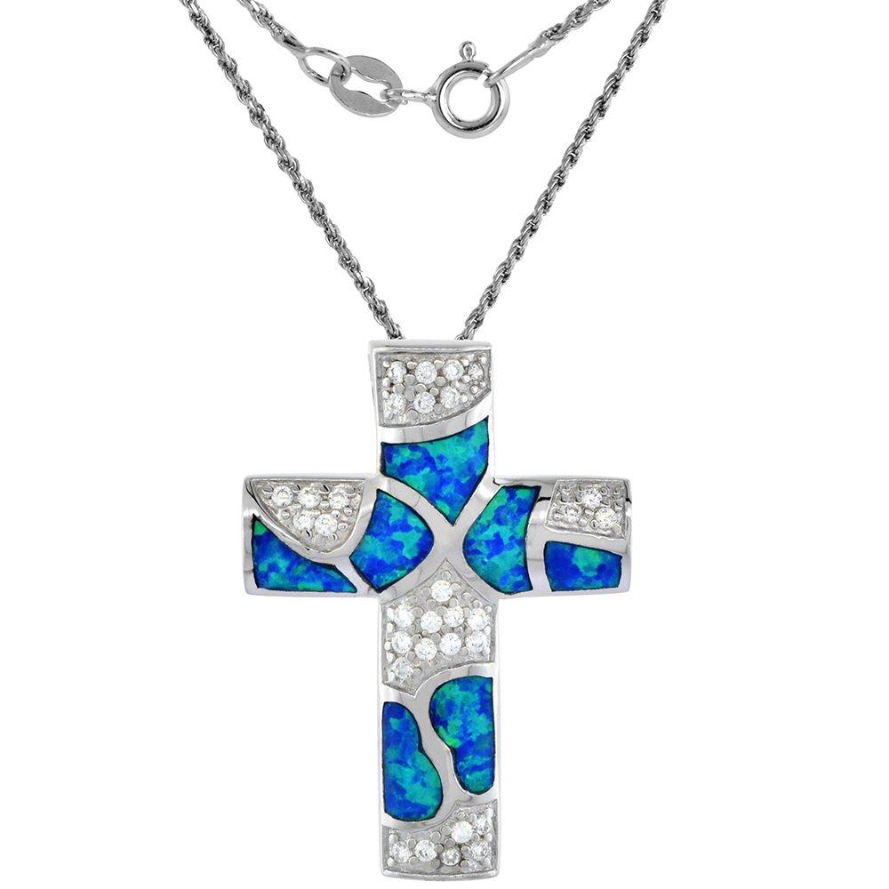 Sterling Silver Synthetic Opal Cross Necklace for Women Hand Inlay & CZ stones 1 1/4 inch