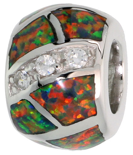 Sterling Silver Synthetic Green Opal Bead Charm CZ stones Fits Pandora and all Charm Bracelets, 3/8 inch