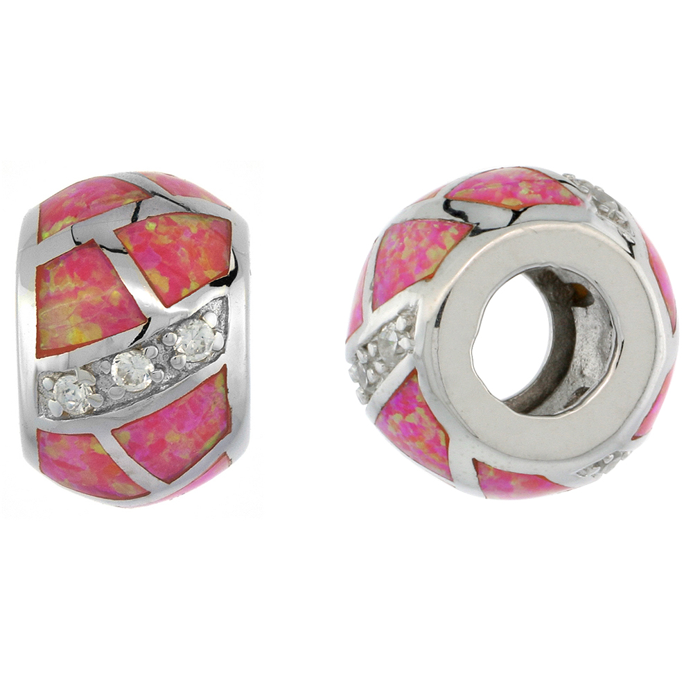 Sterling Silver Synthetic Pink Opal Bead Charm CZ stones Fits Pandora and all Charm Bracelets, 3/8 inch