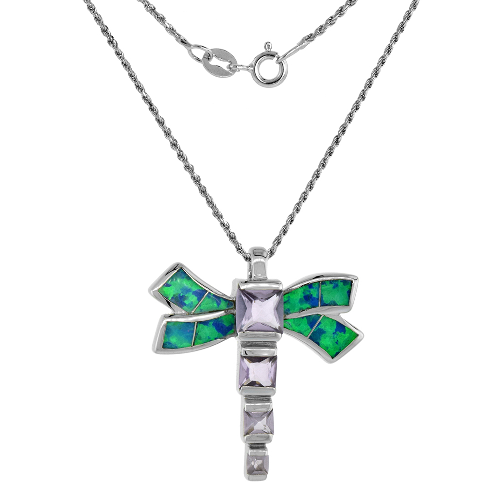 Sterling Silver Synthetic Opal Dragonfly Necklace Amethyst CZ & white CZ 7/8 inch