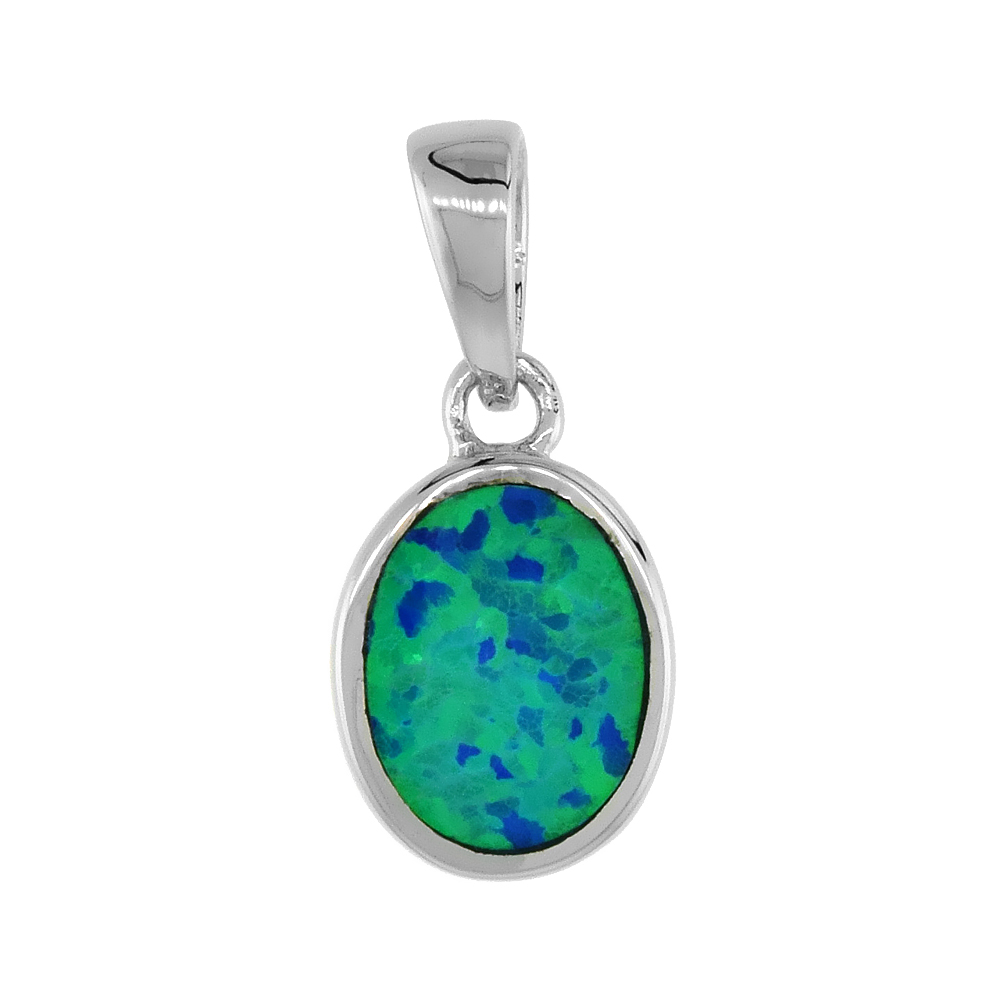 Sterling Silver Synthetic Opal Oval Pendant for Women CZ Accent Hand Inlay 1/2 inch Tall