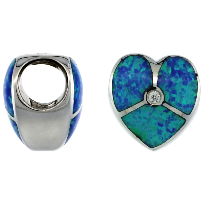 Sterling Silver Blue Synthetic Opal Heart Bead Charm CZ accent 7mm Hole, 1/2 inch Diameter