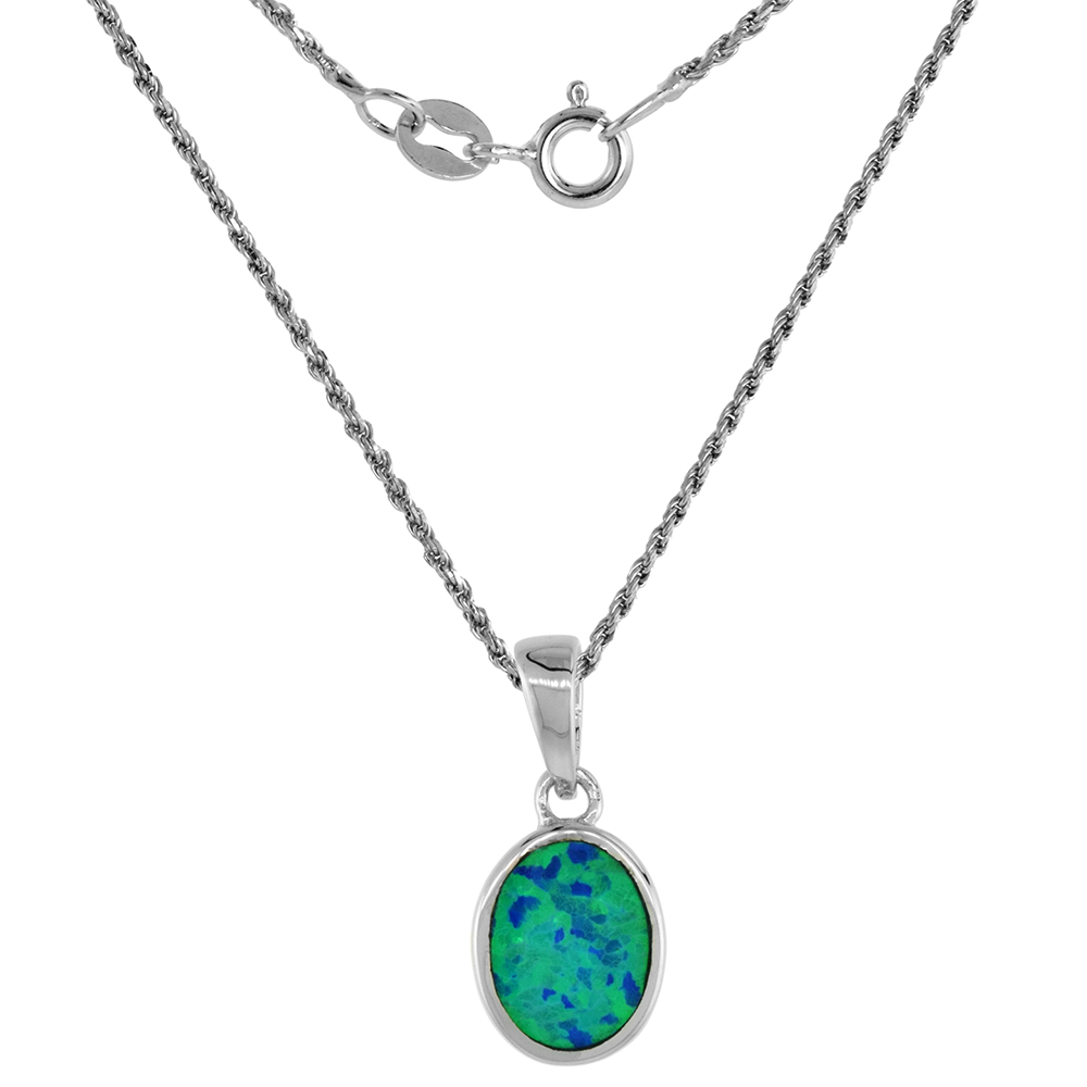 Sterling Silver Synthetic Opal Oval Necklace for Women CZ Accent Hand Inlay 1/2 inch Tall