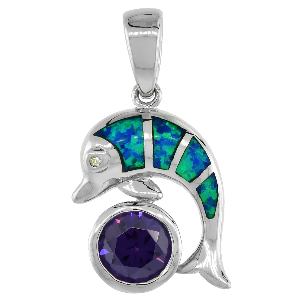 Sterling Silver Synthetic Opal Dolphin Pendant Hand Inlay Amethyst CZ Cubic Zirconia Accent 7/8 inch
