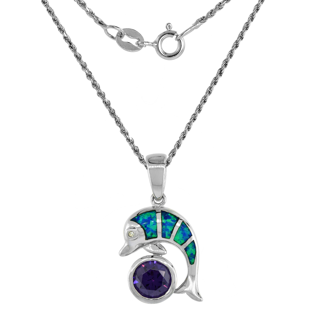 Sterling Silver Synthetic Opal Dolphin Necklace Hand Inlay Amethyst CZ &amp; white CZ 7/8 inch