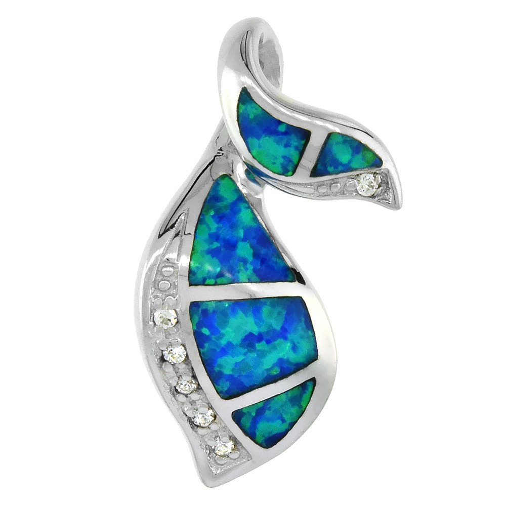 Sterling Silver Synthetic Opal Leaf Pendant for Women Hand Inlay & CZ stones 7/8 inch Tall