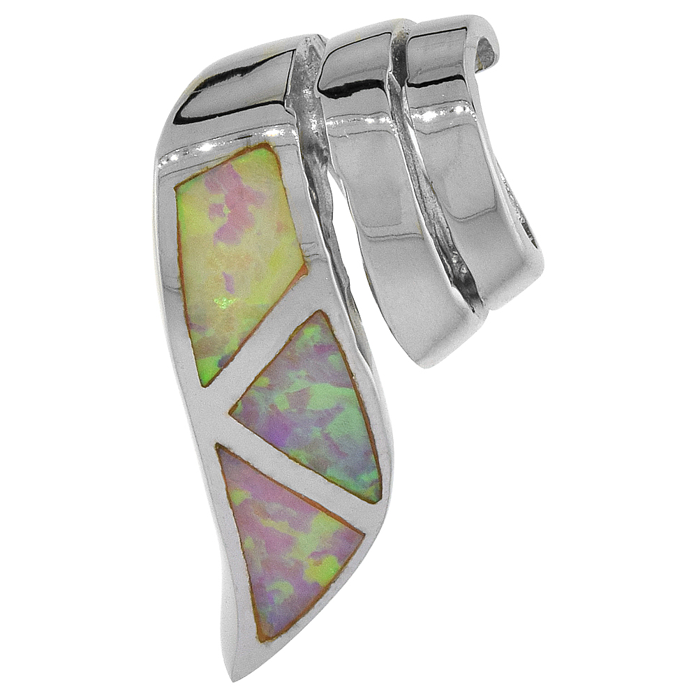 Sterling Silver Synthetic Pink Opal Ribbon Slide Pendant for Women Hand Inlay 3/4 inch