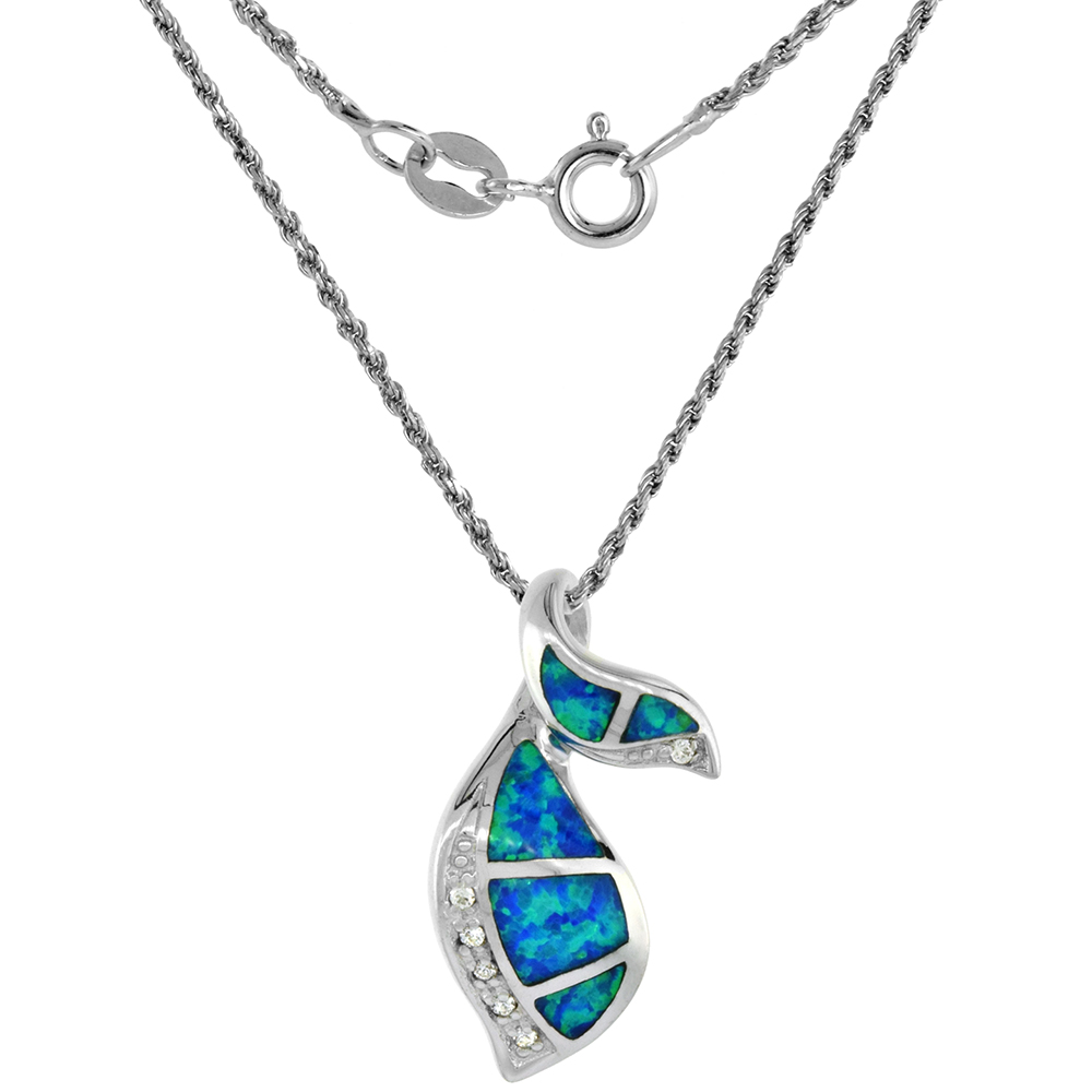 Sterling Silver Synthetic Opal Leaf Necklace for Women Hand Inlay &amp; CZ stones 7/8 inch