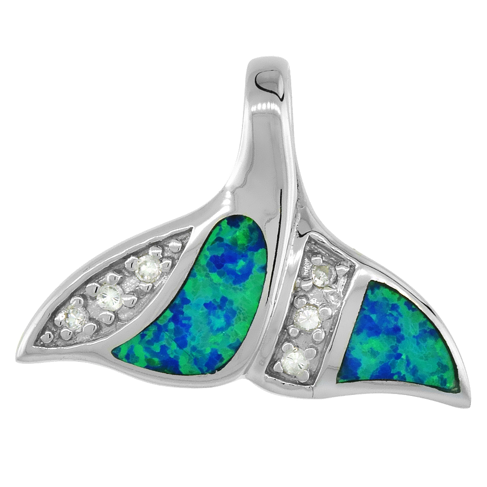 Sterling Silver Synthetic Opal Whale Tail Pendant for Women Hand Inlay &amp; CZ stones 1 inch wide