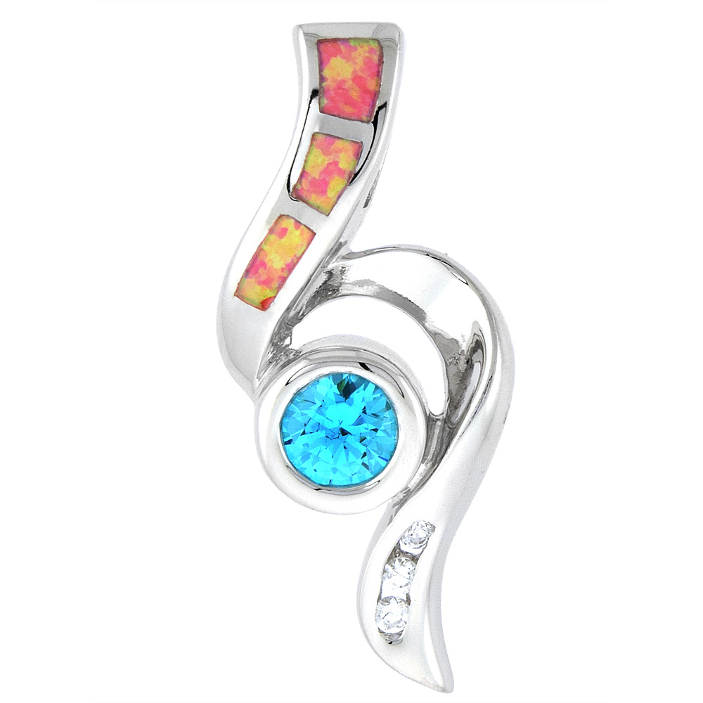 Sterling Silver Synthetic Pink Opal Pendant Amethyst CZ Hand Inlay Cubic Zirconia Accent 1 1/8 inch