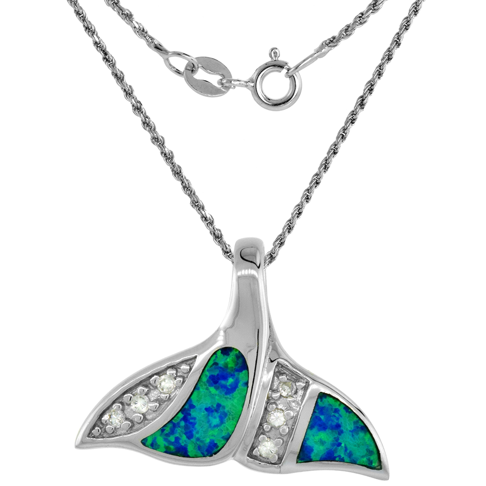 Sterling Silver Synthetic Opal Whale Tail Necklace for Women Hand Inlay CZ Accent 1 inch ROPH_25