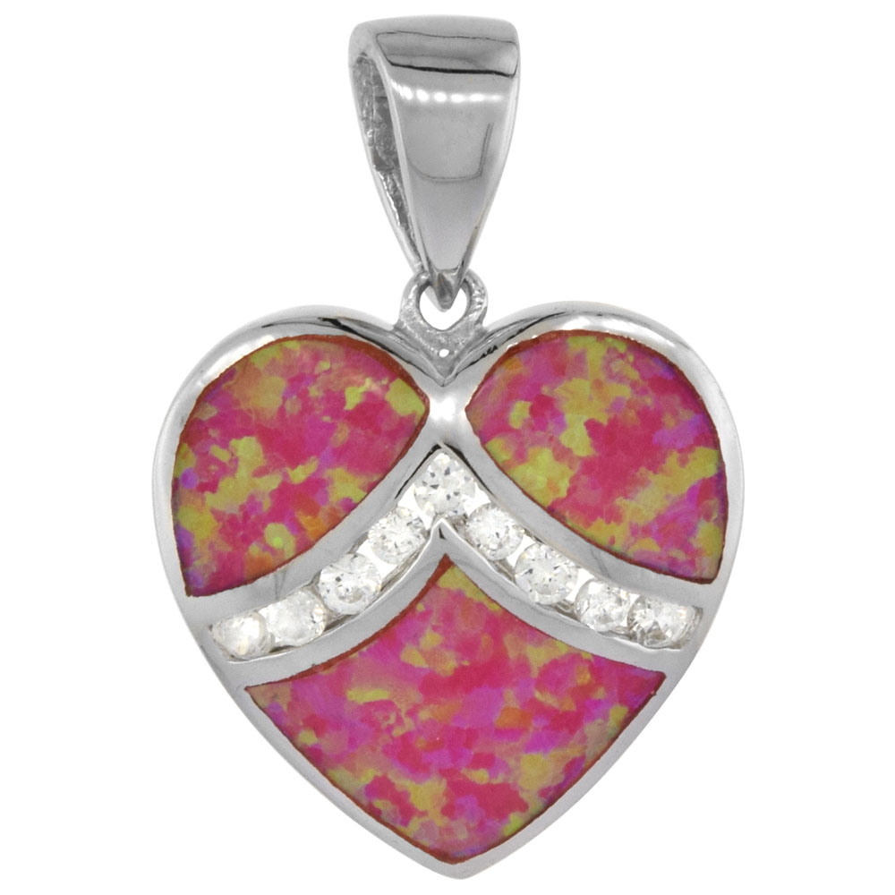 Sterling Silver Synthetic Pink Opal Heart Pendant Hand Inlay Cubic Zirconia Accent 3/4 inch tall
