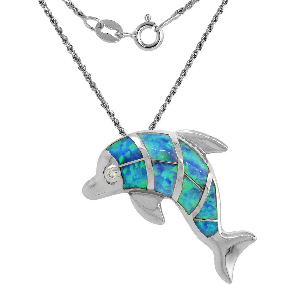Sterling Silver Synthetic Opal Dolphin Necklace for Women Hand Inlay &amp; CZ stones 1 inch ROPH_25