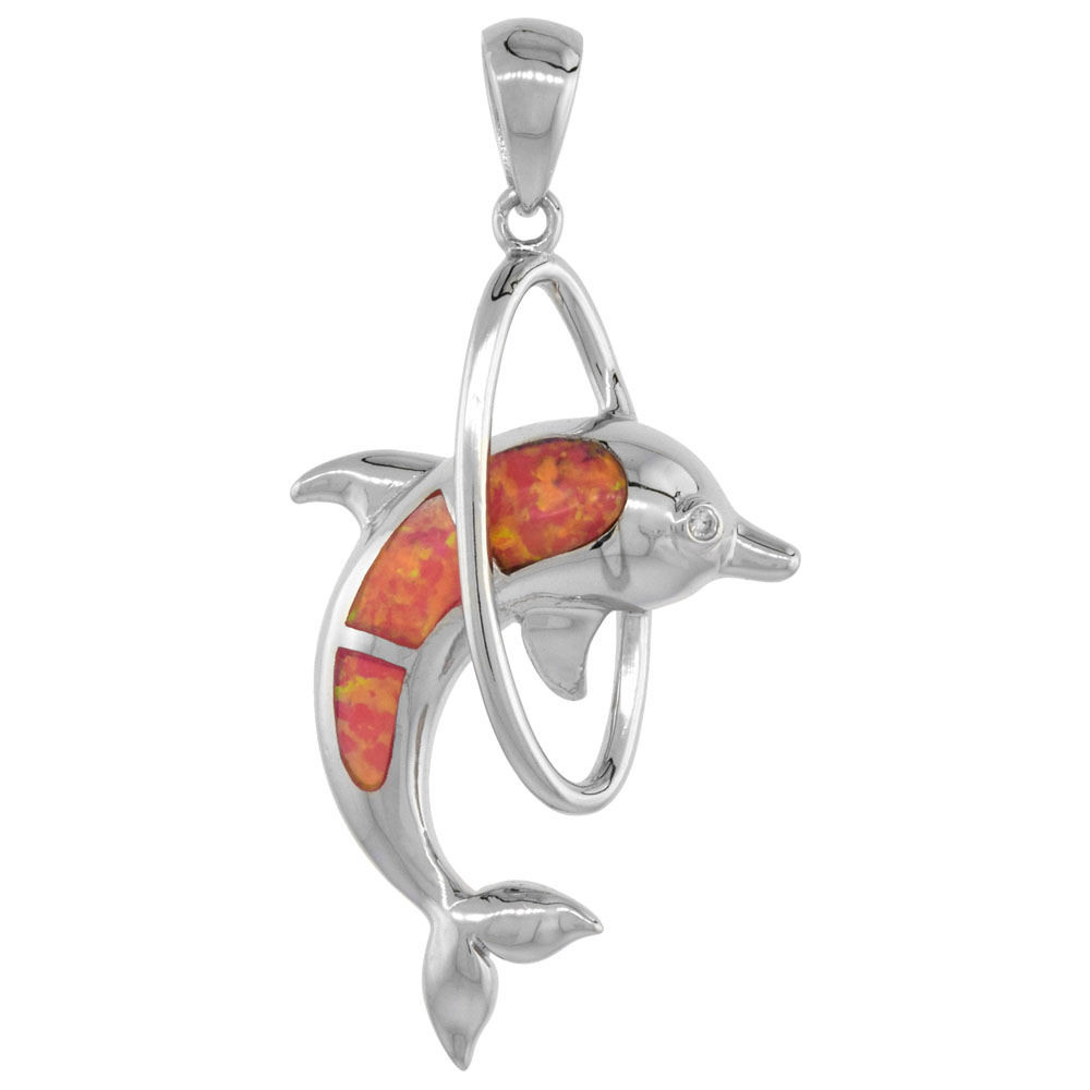 Sterling Silver Synthetic Pink Opal Dolphin in Loop Pendant Hand Inlay Cubic Zirconia Accent 1 3/8 inch
