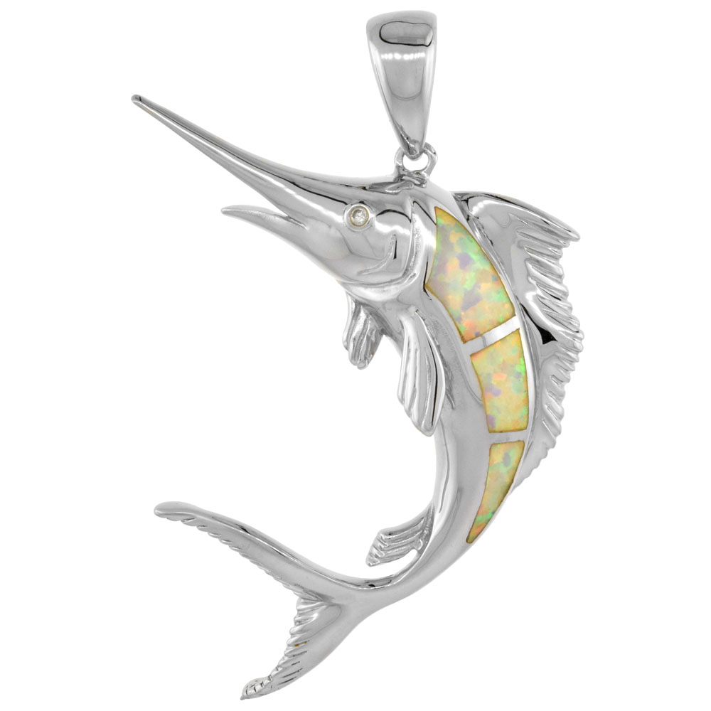 Sterling Silver Synthetic Pink Opal Marlin fish Pendant Hand Inlay Cubic Zirconia Accent 1 7/8 inch tall