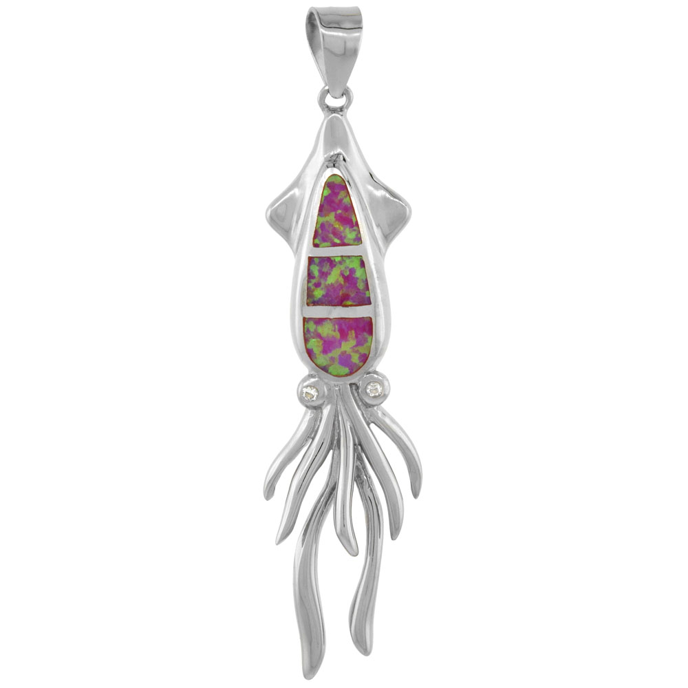 Sterling Silver Synthetic Pink Opal Squid Pendant Hand Inlay Cubic Zirconia Accent1 7/8 inch tall