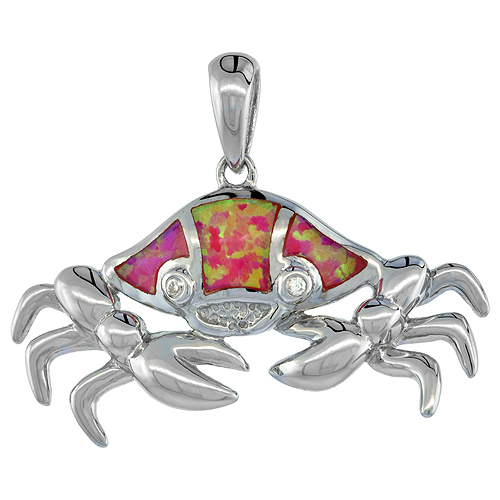Sterling Silver Synthetic Pink Opal Crab Pendant Sign of Cancer Women CZ Accent 1 3/16 inch wide