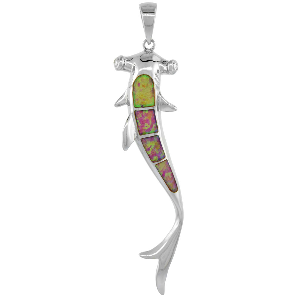 Sterling Silver Synthetic Pink Opal Hammerhead Shark Pendant Hand Inlay Cubic Zirconia Accent 2 inch