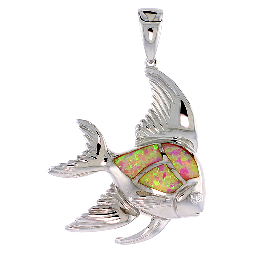 Sterling Silver Synthetic Pink Opal Angelfish Pendant Hand Inlay Cubic Zirconia Accent 1 3/8 inch tall