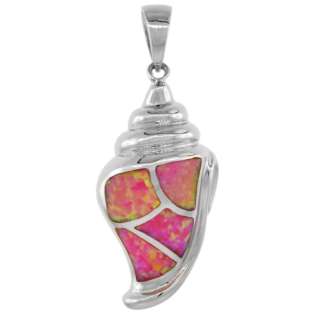 Sterling Silver Synthetic Pink Opal Conch Shell Pendant Hand Inlay Cubic Zirconia Accent 1 1/8 inch tall