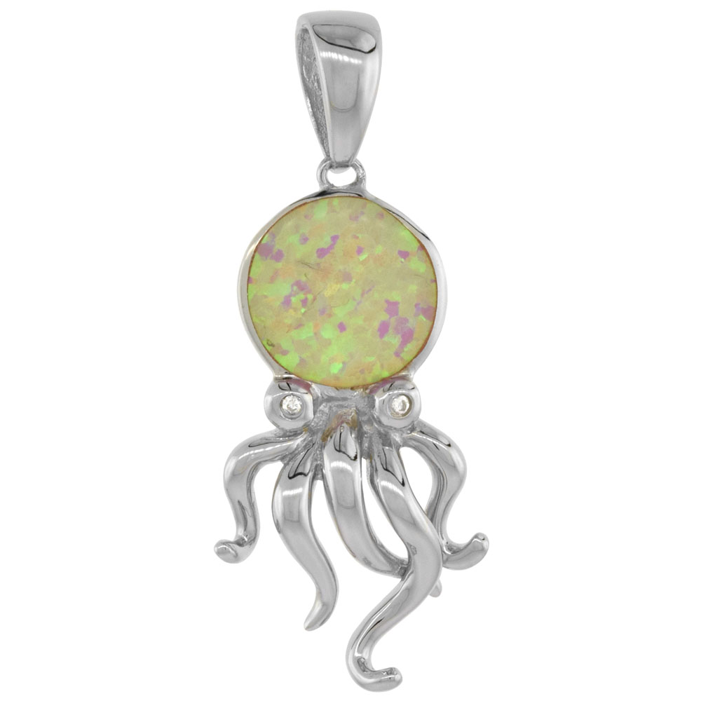 Sterling Silver Synthetic Pink Opal Octopus Pendant Hand Inlay Cubic Zirconia Accent 1 1/4 inch tall