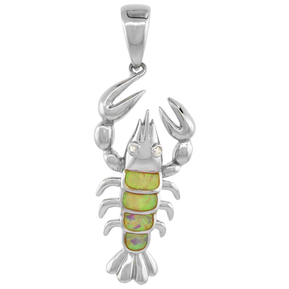 Sterling Silver Synthetic Pink Opal Lobster Pendant Hand Inlay Cubic Zirconia Accent 1 3/8 inch tall