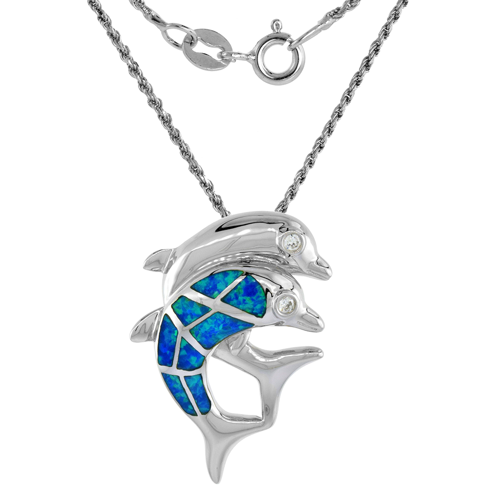 Sterling Silver Synthetic Opal Double Dolphin Necklace for Women CZ Stones 1 3/16 inch ROPH_25