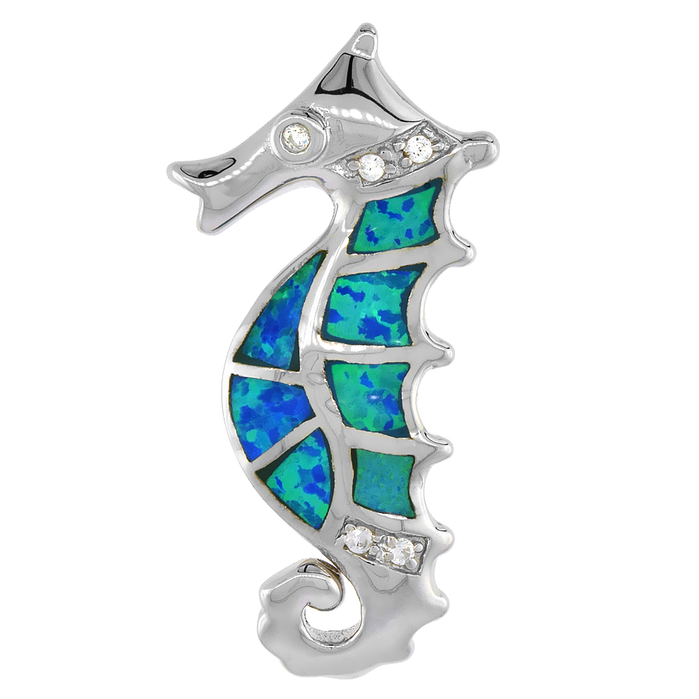 Sterling Silver Synthetic Opal Seahorse Pendant for Women Hand Inlay &amp; CZ stones 1 1/4 inch Tall