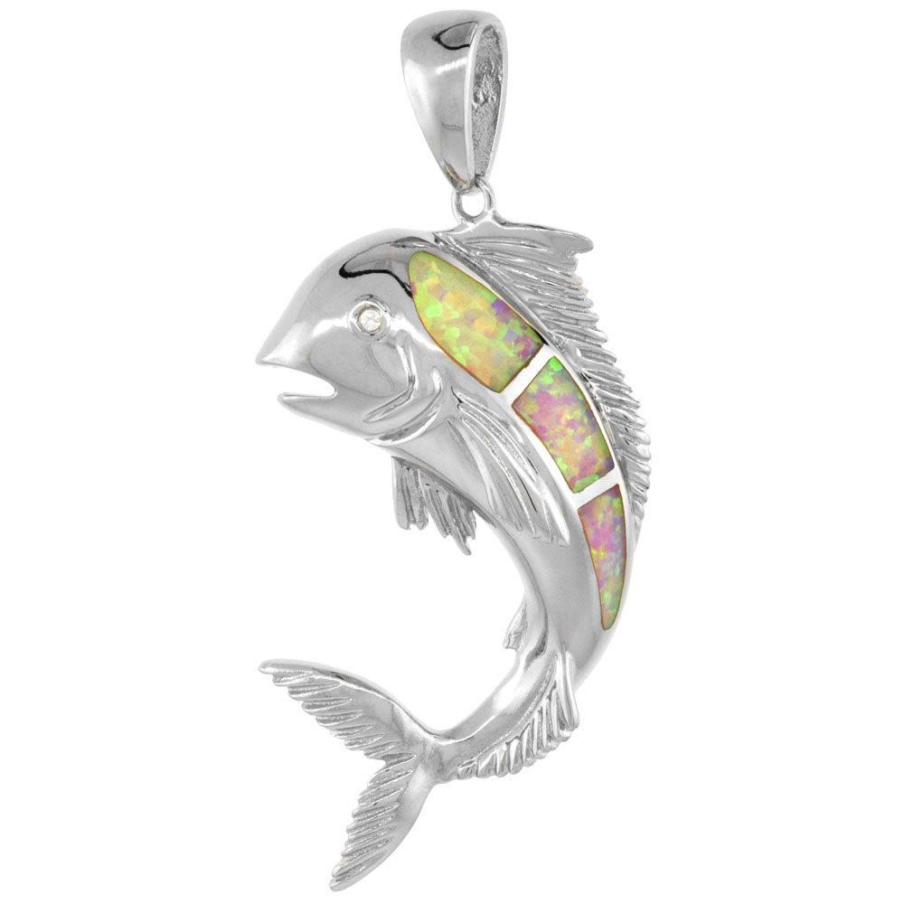 Sterling Silver Synthetic Pink Opal Mahi-Mahi Pendant Hand Inlay Cubic Zirconia Accent 1 3/8 inch tall