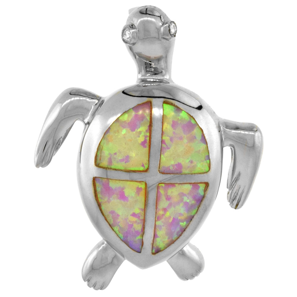 Sterling Silver Synthetic Pink Opal Hawaiian Sea Turtle Pendant Cubic Zirconia Accent 1 3/16 inch