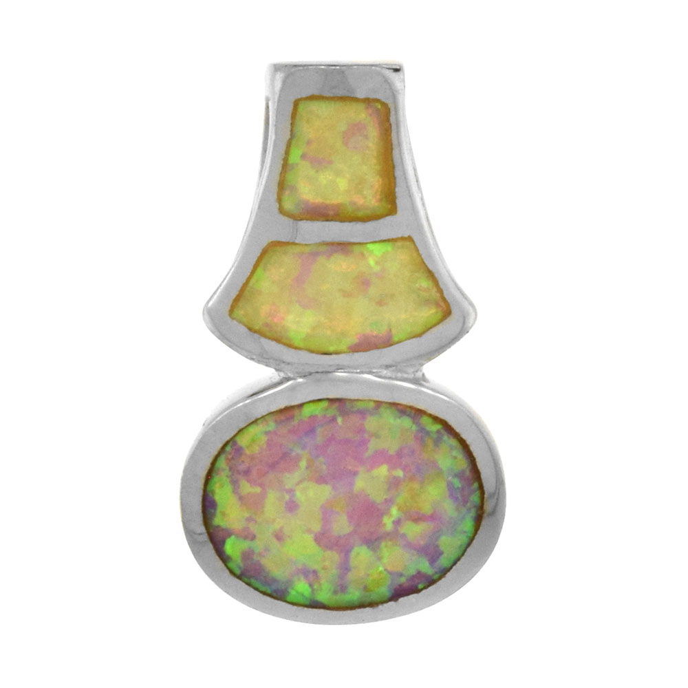 Sterling Silver Synthetic Pink Opal Oval Slide Pendant for Women Hand Inlay 11/16 inch tall