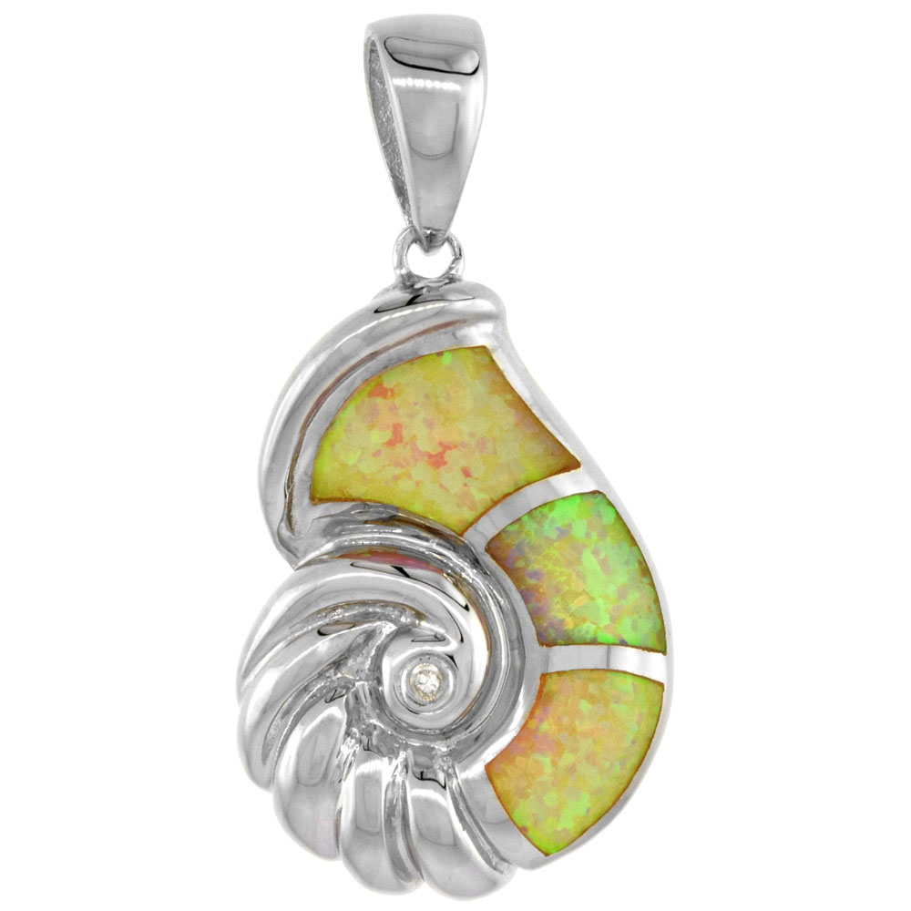 Sterling Silver Synthetic Pink Opal Seashell Pendant Hand Inlay Cubic Zirconia Accent 1 1/8 inch tall