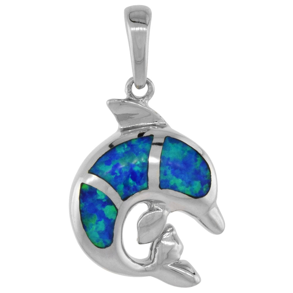 Sterling Silver Synthetic Opal Dolphin Pendant for Women Hand Inlay 11/16 inch long