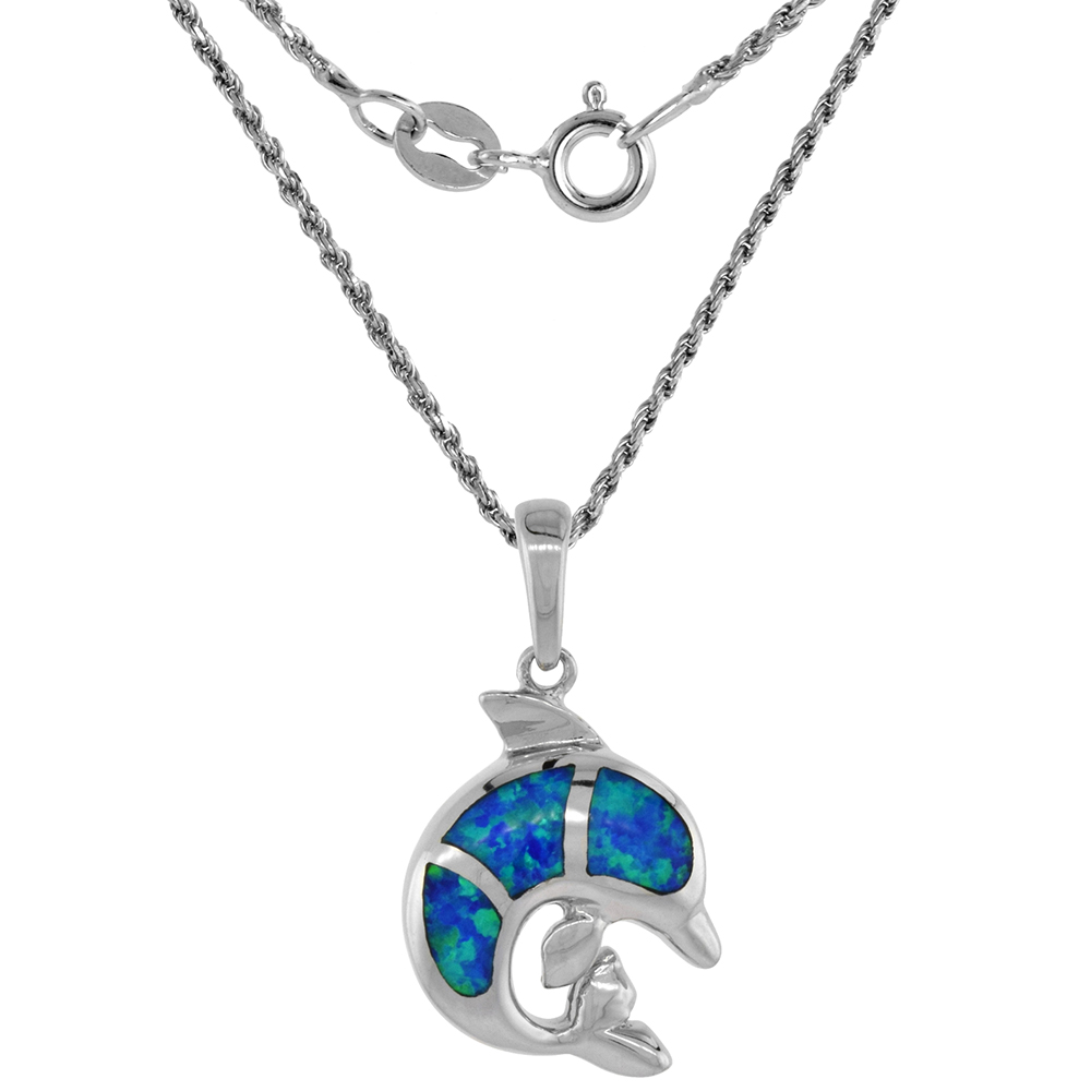 Sterling Silver Synthetic Opal Dolphin Necklace for Women Hand Inlay 11/16 inch long ROPH_25