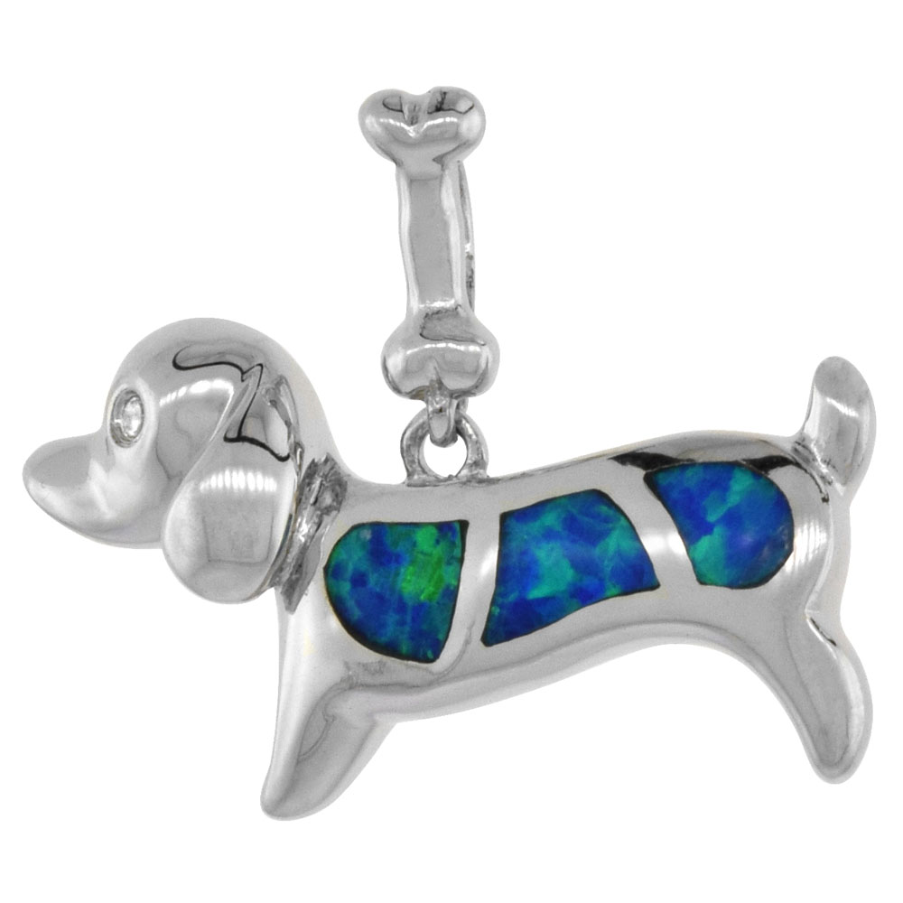 Sterling Silver Synthetic Opal Dog Pendant for Women CZ Accent Hand Inlay 3/4 inch long