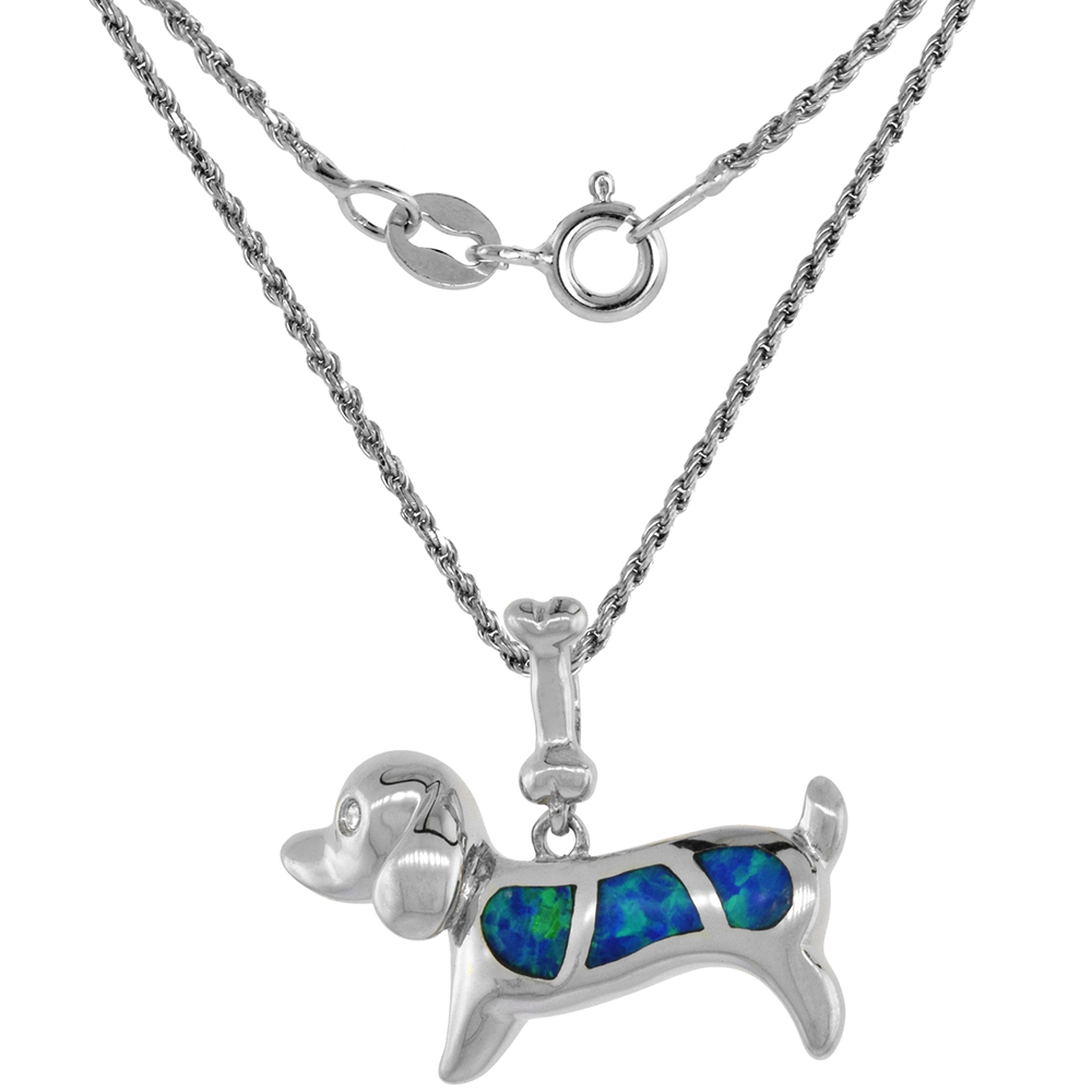 Sterling Silver Synthetic Opal Dog Necklace for Women CZ Accent Hand Inlay 3/4 inch long ROPH_25