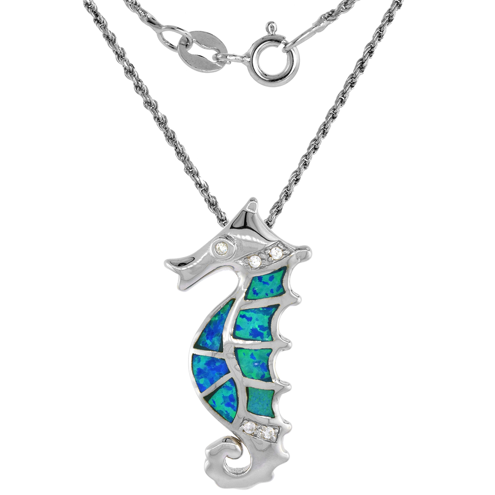 Sterling Silver Synthetic Opal Seahorse Necklace for Women with CZ Stones 1 1/4 inch ROPH_