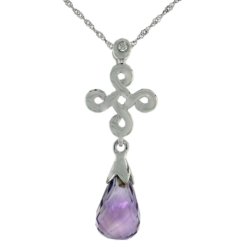 10k White Gold Infinity Cross Amethyst Pendant, w/ 0.01 Carat Brilliant Cut Diamond, 1 in. (26mm) tall, w/ 18&quot; Sterling Silver Singapore Chain