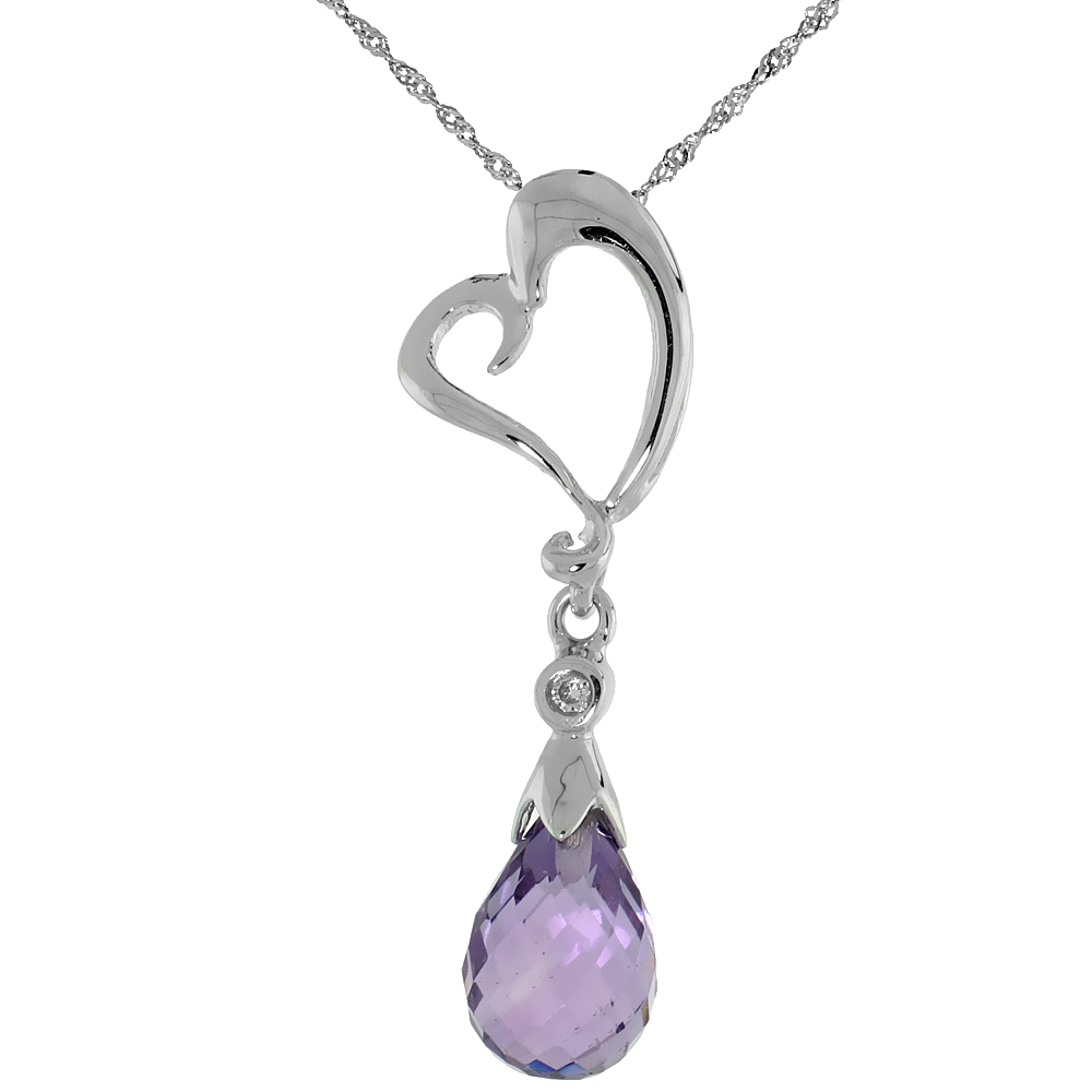 10k White Gold Heart Cut Out &amp; Amethyst Pendant, w/ Brilliant Cut Diamond, 1 1/8 in. (28mm) tall, w/ 18&quot; Sterling Silver Singapo
