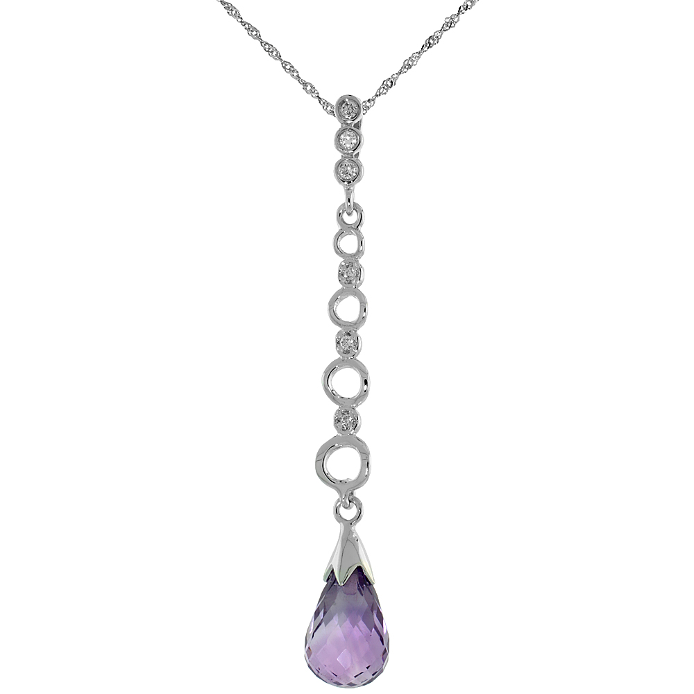 10k White Gold Graduated Circle Cut Outs & Amethyst Pendant, w/ 0.05 Carat Brilliant Cut Diamonds, 1 11/16 in. (43mm) tall, w/ 18" Sterling Silver Singapore Chain