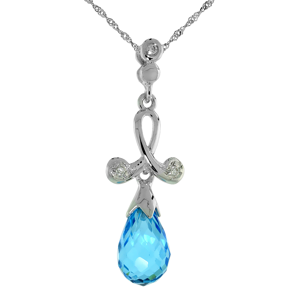 10k White Gold Loop &amp; Blue Topaz Pendant, w/ 0.02 Carat Brilliant Cut Diamonds, 1 1/16 in. (27mm) tall, w/ 18&quot; Sterling Silver Singapore Chain