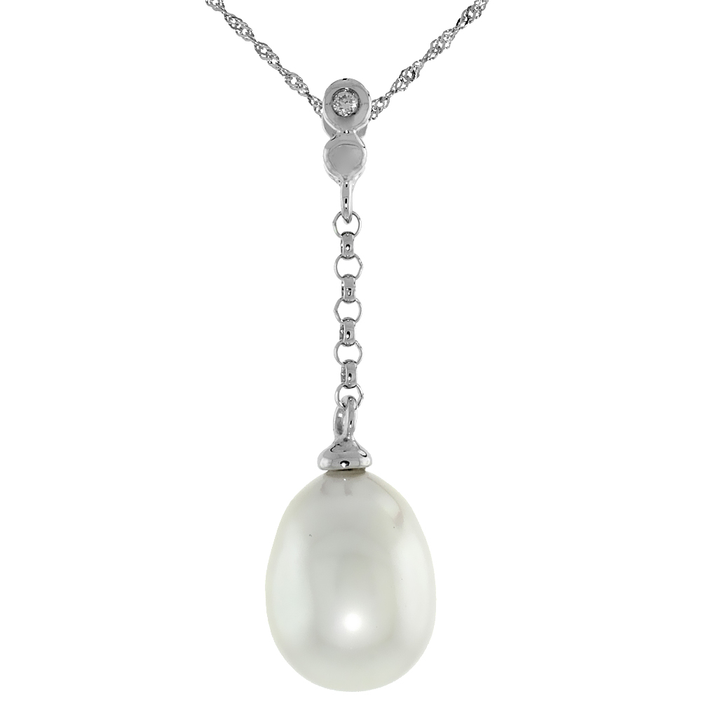 10k White Gold Dangle Pearl Pendant, w/ 0.02 Carat Brilliant Cut Diamond, 1 1/4 in. (31mm) tall, w/ 18&quot; Sterling Silver Singapore Chain