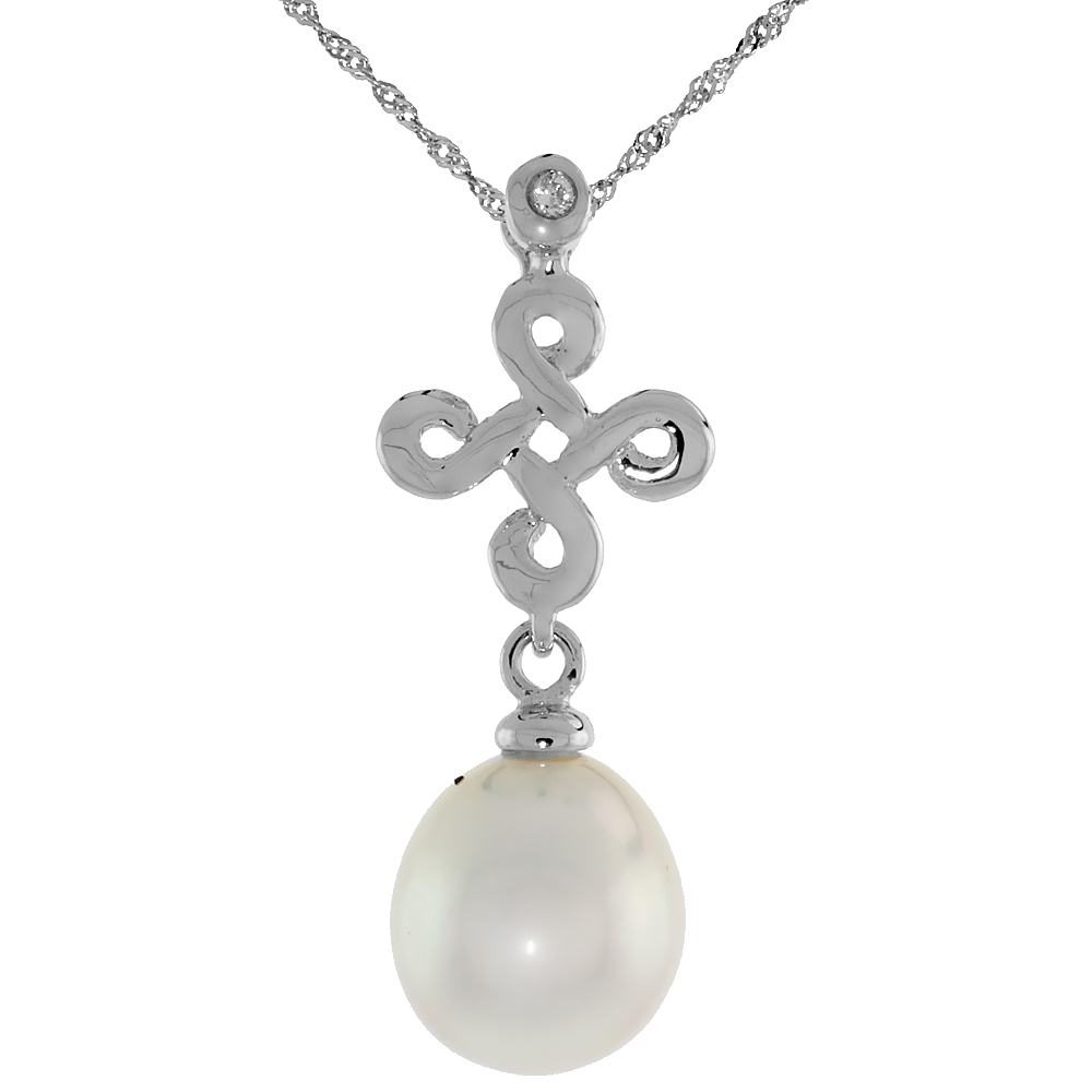 10k White Gold Infinity Cross Pearl Pendant, w/ 0.01 Carat Brilliant Cut Diamond, 1 in. (26mm) tall, w/ 18&quot; Sterling Silver Singapore Chain