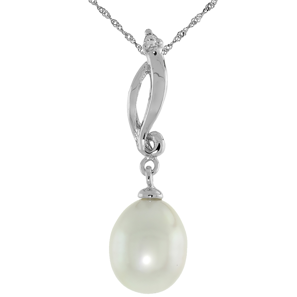 10k White Gold Swirl &amp; Pearl Pendant, w/ 0.01 Carat Brilliant Cut Diamond, 1 1/8 in. (29mm) tall, w/ 18&quot; Sterling Silver Singapore Chain