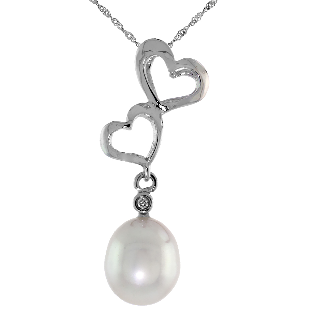 10k White Gold Double Heart Cut Out &amp; Pearl Pendant, w/ Brilliant Cut Diamond, 1 1/8 in. (28mm) tall, w/ 18&quot; Sterling Silver Singapore Chain