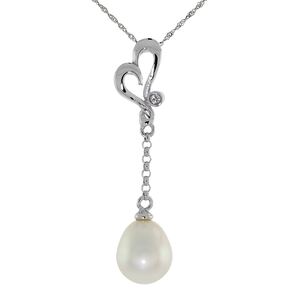 10k White Gold Heart Cut Out & Pearl Pendant, w/ 0.01 Carat Brilliant Cut Diamond, 1 7/16 in. (36mm) tall, w/ 18" Sterling Silver Singapore Chain