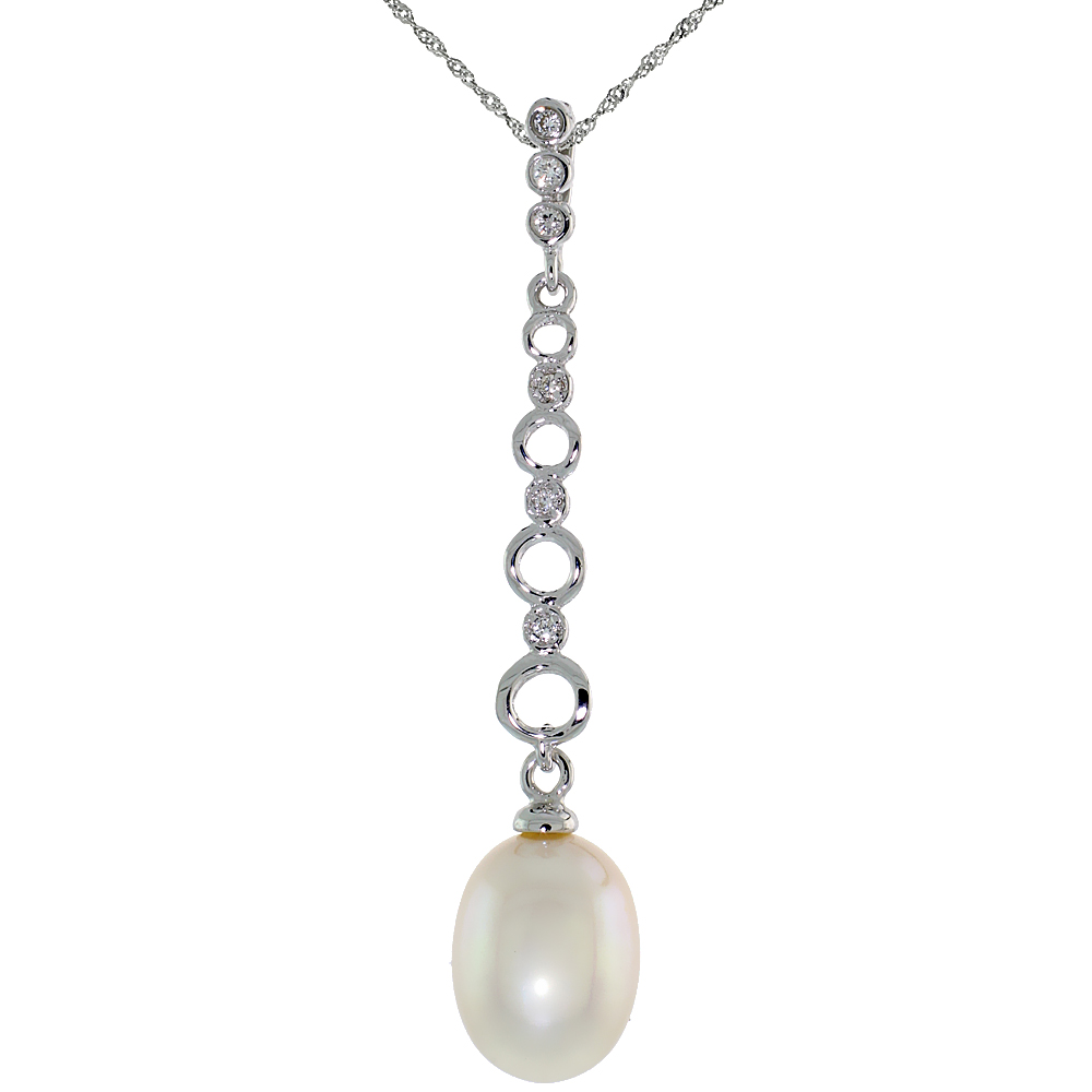 10k White Gold Graduated Circle Cut Outs & Pearl Pendant, w/ 0.05 Carat Brilliant Cut Diamonds, 1 3/4 in. (44mm) tall, w/ 18" Sterling Silver Singapore Chain