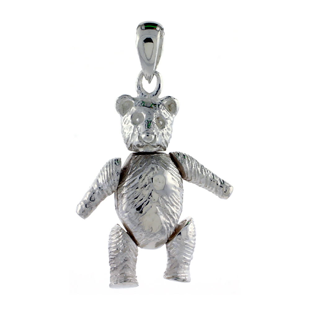 Sterling Silver Medium Movable Teddy Bear Pendant, 15/16 inch long